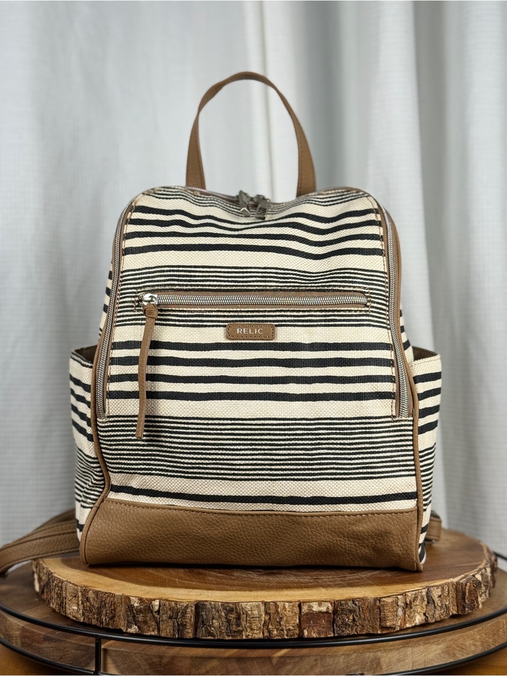 Relic Striped Black & Cream Canvas Backpack Purse with Tan Trim - EUC